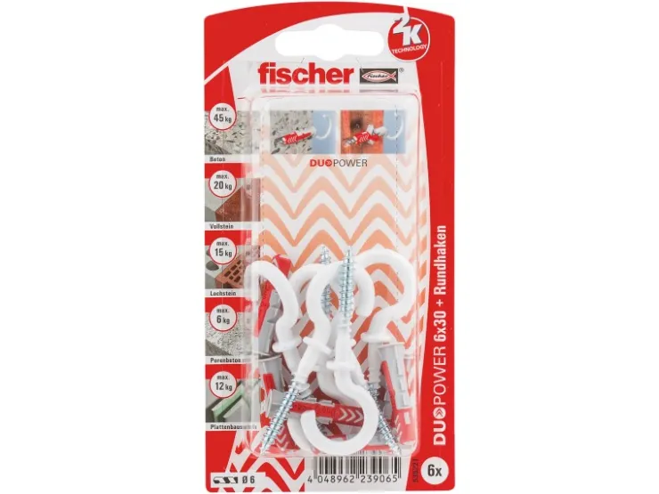 Fischer Dübel DuoPower Ø 6 mm x 30 mm RH N K 6 Stück mit Rundhaken* Gardinenstangen