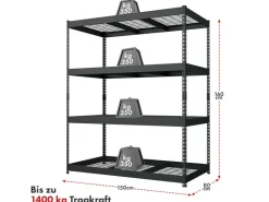 Floordirekt Schwerlastregal Yukon Rivet 4 Böden 160 x 150 x 80 cm* Metallregale|Regale Schwarz