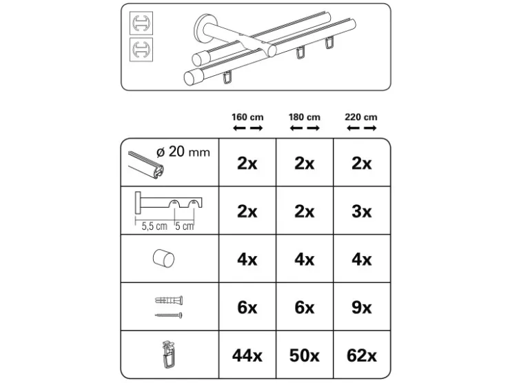 Gardinia Gardinenstangen-Set Isa 2-läufig Innenlauf II Ø 20 mm 220 cm Edelstahl* Gardinenstangen