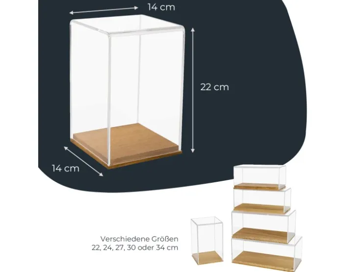 HMF 46881 Acryl Vitrine Schaukasten mit Holzsockel für Figuren 14 x 14 x 22 cm Transparent
