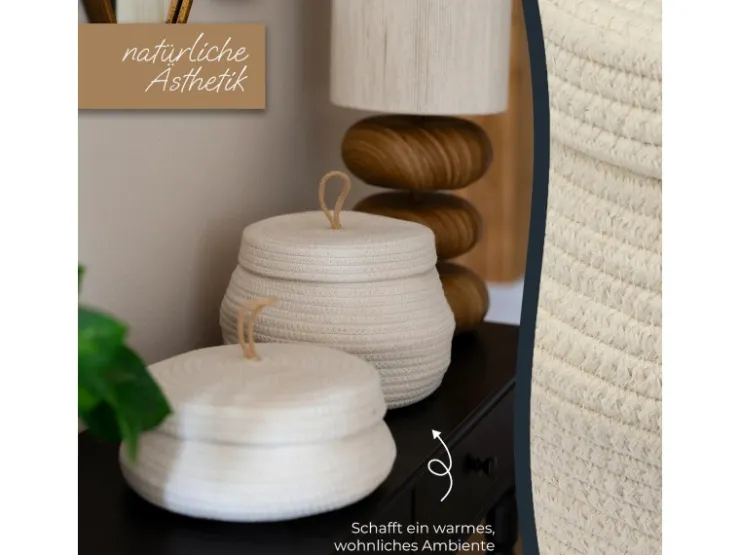 HMF Aufbewahrungskorb Badezimmer Rund Korb Deckel Baumwolle Flach 25 x 11 cm Creme* Aufbewahrung