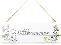 Hängeschild Willkommen Motiv Blumen 13 cm x 38 cm Creme* Dekorative Figuren