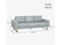 HOMCOM 3 Sitzer Sofa für Schlafzimmer 200 x 82 x 78 cm Hellgrau* Kissen