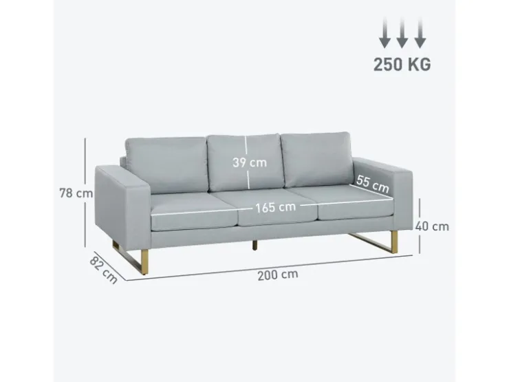 HOMCOM 3 Sitzer Sofa für Schlafzimmer 200 x 82 x 78 cm Hellgrau* Kissen
