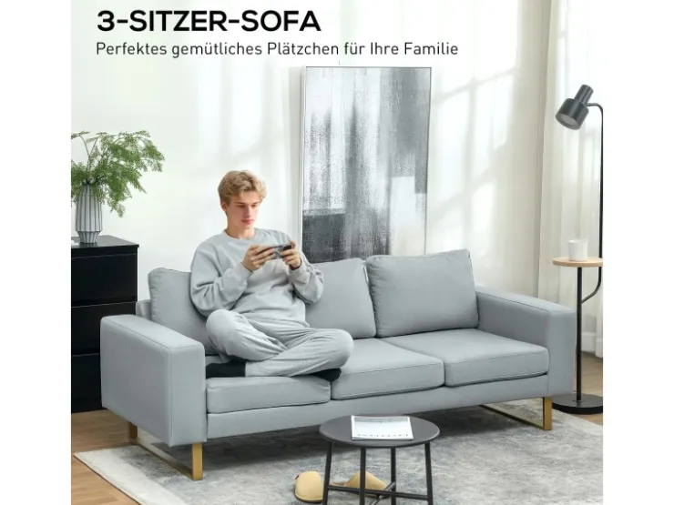 HOMCOM 3 Sitzer Sofa für Schlafzimmer 200 x 82 x 78 cm Hellgrau* Kissen