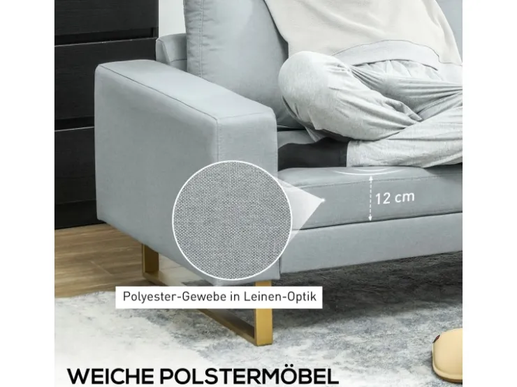 HOMCOM 3 Sitzer Sofa für Schlafzimmer 200 x 82 x 78 cm Hellgrau* Kissen