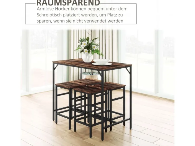HOMCOM Bartisch mit Barhocker 5-Teilig Stahl Rustikal-Braun 100 x 60 x 88 cm* Hocker