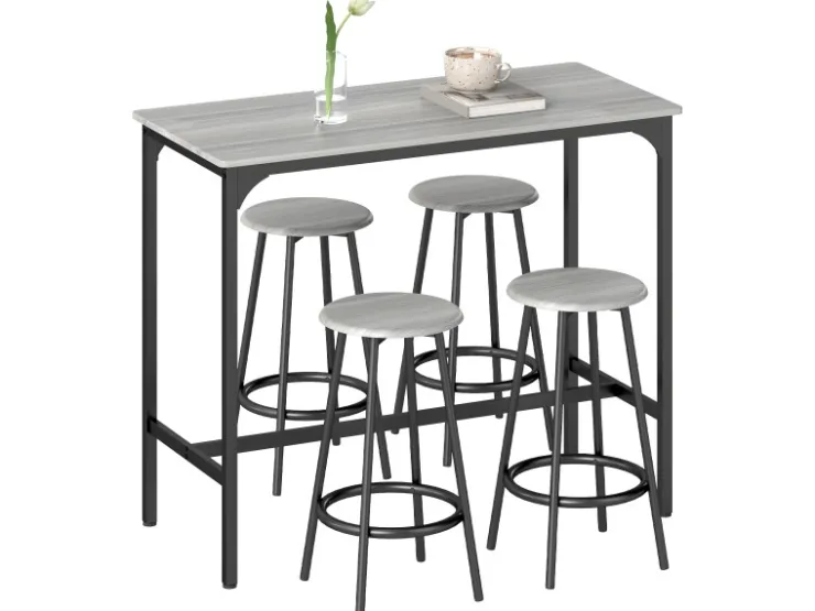 HOMCOM Bartisch Set mit 4 Barhocker MDF Metall Grau 110L x 50B x 89,5H cm* Hocker