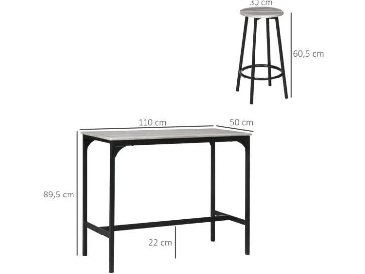 HOMCOM Bartisch Set mit 4 Barhocker MDF Metall Grau 110L x 50B x 89,5H cm* Hocker