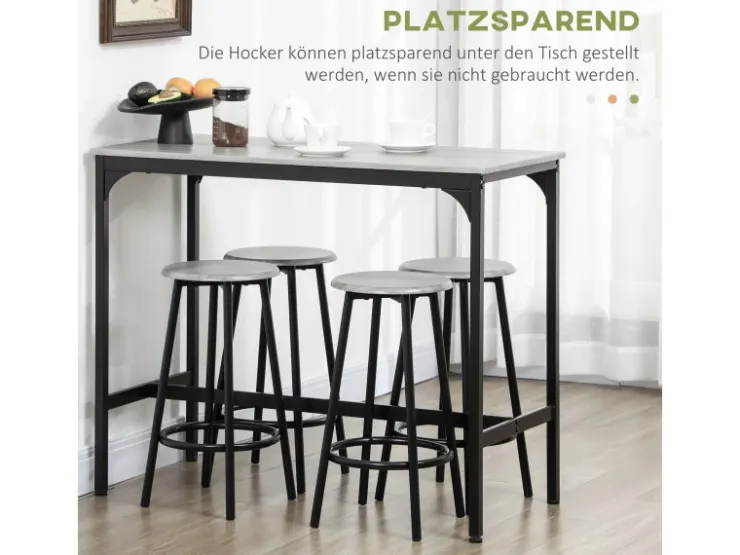 HOMCOM Bartisch Set mit 4 Barhocker MDF Metall Grau 110L x 50B x 89,5H cm* Hocker
