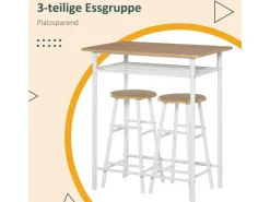 HOMCOM Bartisch Set 3-Teilig mit Lagerregal MDF-Platte Weiß Eiche 80 x 50 x 90 cm* Hocker