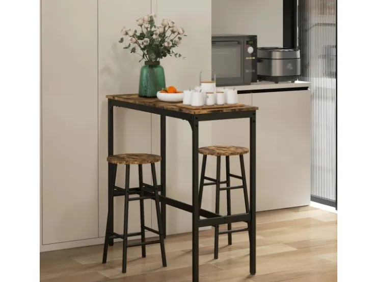 HOMCOM Bartisch-Set 3-Teilig im Industriedesign Stahl Rustikal-Braun