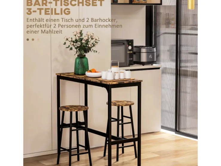 HOMCOM Bartisch-Set 3-Teilig im Industriedesign Stahl Rustikal-Braun