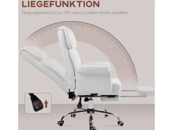 HOMCOM Bürostuhl mit Liegefunktion Kunstleder Weiß 69L x 65B x 107-115H cm