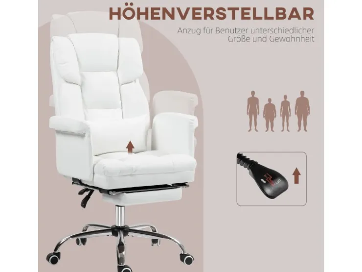 HOMCOM Bürostuhl mit Liegefunktion Kunstleder Weiß 69L x 65B x 107-115H cm