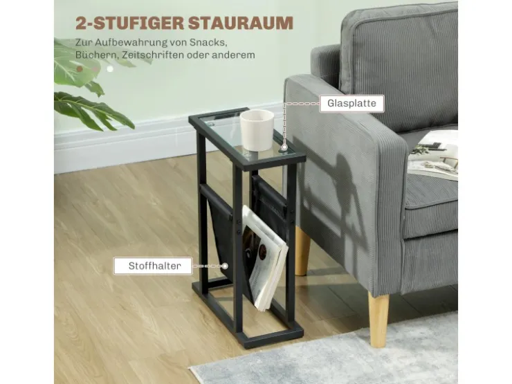 HOMCOM Couchtisch Metall Hartglas Schwarz 40L x 18B x 55,5H cm* Tische
