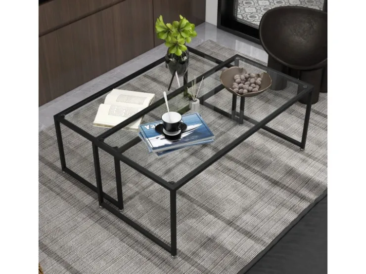 HOMCOM Couchtisch 2er-Set für Schlafzimmer Gehärtetes Glas Stahl Schwarz* Tische
