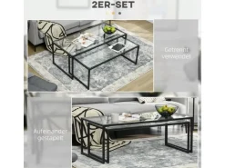 HOMCOM Couchtisch 2er-Set für Schlafzimmer Gehärtetes Glas Stahl Schwarz* Tische