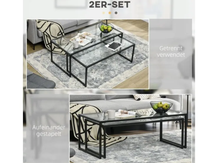 HOMCOM Couchtisch 2er-Set für Schlafzimmer Gehärtetes Glas Stahl Schwarz* Tische