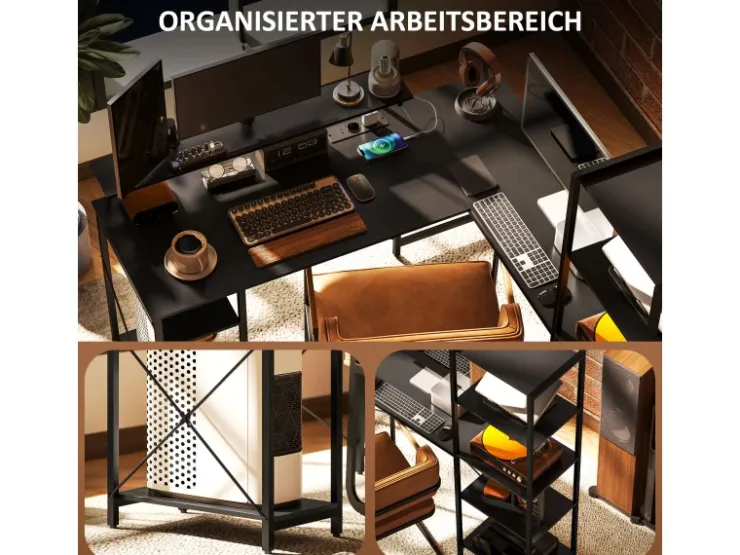 HOMCOM Eckschreibtisch Spanplatte Metall Schwarz 137L x 140B x 139,5H cm* Bücherregale