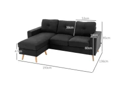 HOMCOM Ecksofa Leinen Gummiholz Schwarz 193L x 136B x 85H cm* Kissenbezüge