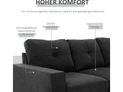 HOMCOM Ecksofa Leinen Gummiholz Schwarz 193L x 136B x 85H cm* Kissenbezüge