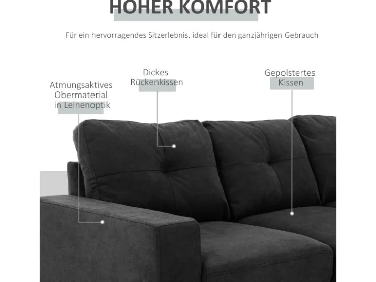 HOMCOM Ecksofa Leinen Gummiholz Schwarz 193L x 136B x 85H cm* Kissenbezüge