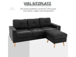 HOMCOM Ecksofa Leinen Gummiholz Schwarz 193L x 136B x 85H cm* Kissenbezüge