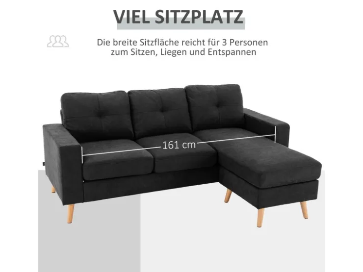 HOMCOM Ecksofa Leinen Gummiholz Schwarz 193L x 136B x 85H cm* Kissenbezüge