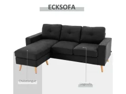 HOMCOM Ecksofa Leinen Gummiholz Schwarz 193L x 136B x 85H cm* Kissenbezüge