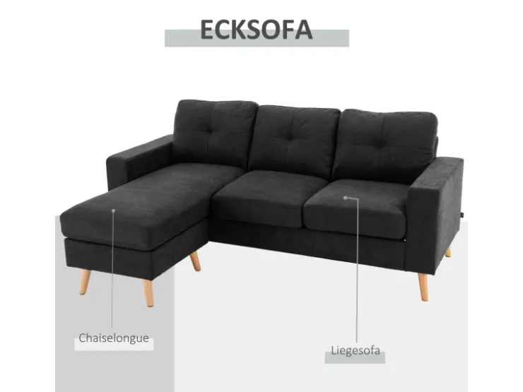 HOMCOM Ecksofa Leinen Gummiholz Schwarz 193L x 136B x 85H cm* Kissenbezüge