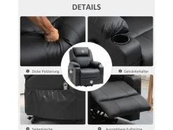 HOMCOM Elektrischer Aufstehsessel Kunstleder Stahl Schwarz 88L x 99B x 106H cm