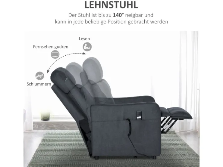 HOMCOM Elektrischer Liftstuhl Polyesterstoff Stahl Grau 71L x 94B x 104H cm* Sessel