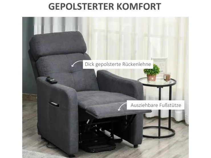 HOMCOM Elektrischer Liftstuhl Polyesterstoff Stahl Grau 71L x 94B x 104H cm* Sessel
