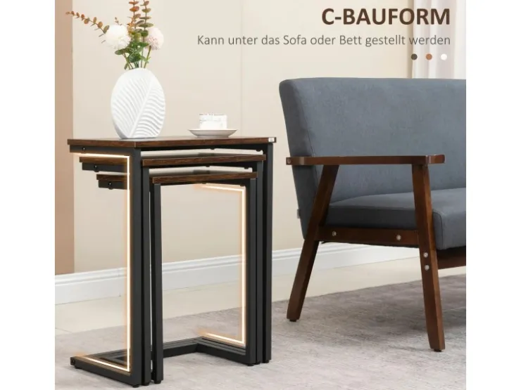 HOMCOM 3er-Set Beistelltische C-förmige mit Stahlgestell Rustikal-Braun