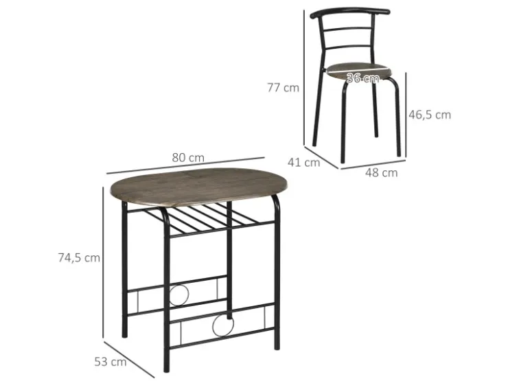 HOMCOM Essgruppe mit 2 Stühlen MDF Metall Schwarz 80L x 53B x 74,5H cm* Stühle