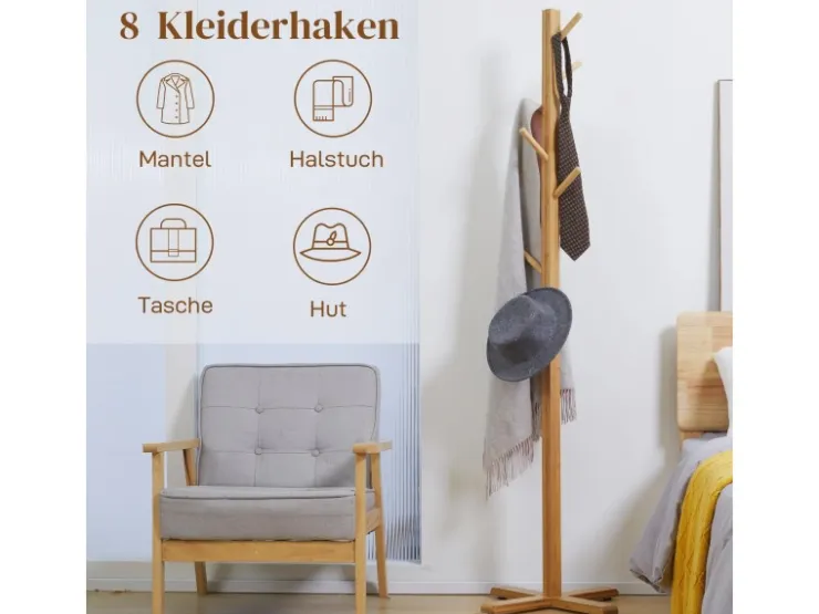 HOMCOM Garderobenständer aus Bambus mit 8 Haken 49,5 x 49,5 x 178 cm Natur