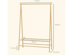 HOMCOM Garderobenständer Bambus Naturholz 116L x 43,5B x 160H cm