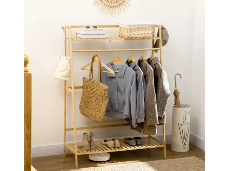 HOMCOM Kleiderständer mit Kleiderhaken Bambus Naturholz 114L x 40B x 139H cm* Garderoben