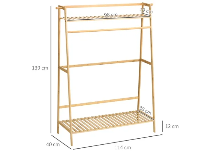 HOMCOM Kleiderständer mit Kleiderhaken Bambus Naturholz 114L x 40B x 139H cm* Garderoben