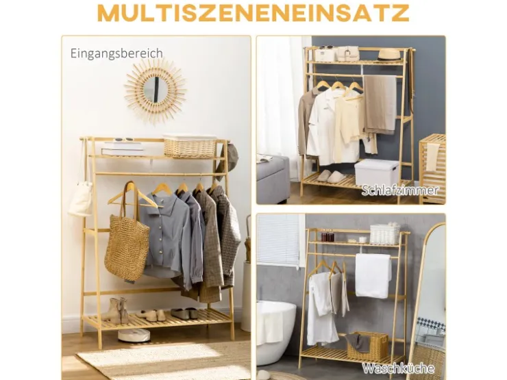 HOMCOM Kleiderständer mit Kleiderhaken Bambus Naturholz 114L x 40B x 139H cm* Garderoben