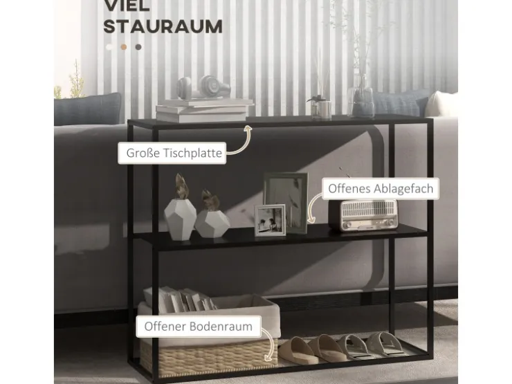 HOMCOM Konsolentisch mit 2 Ebenen Kippschutz Stahl 90 x 30 x 75 cm Schwarz* Tische