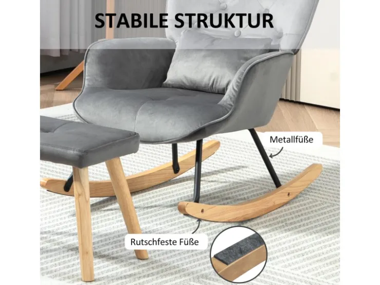 HOMCOM Schaukelsessel mit Hocker Samt Dunkelgrau 66L x 96B x 101H cm* Hocker