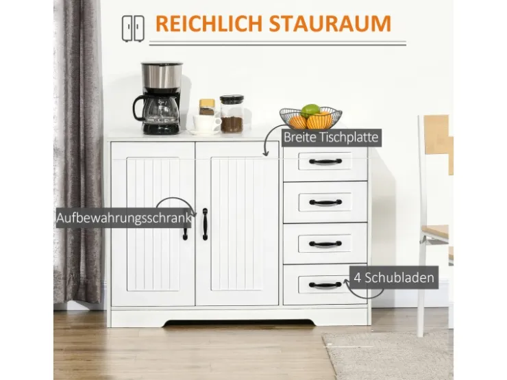 HOMCOM Sideboard mit 4 Schubladen Verstellbarem Einlegeboden Weiß 105 x 40 x 76 cm* Sideboards