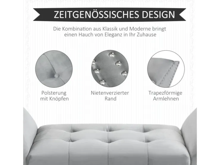 HOMCOM Sitzbank mit Samtoptik für Schlafzimmer Gummiholz Hellgrau 114 x 46 x 56 cm* Sitzbänke