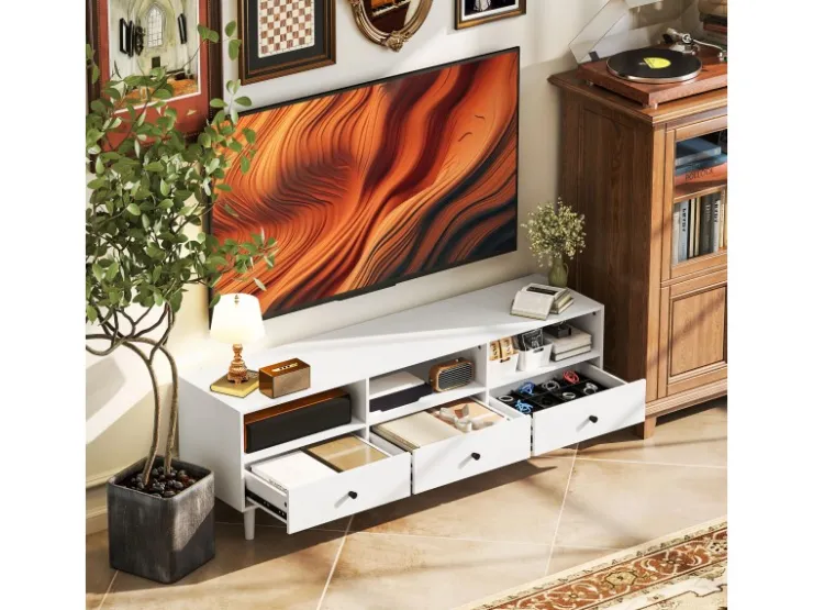 HOMCOM TV Schrank TV Board mit Schubladen 3 Offenen Fächern Weiß