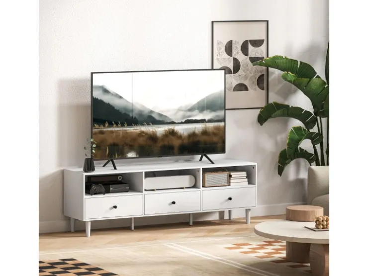 HOMCOM TV Schrank TV Board mit Schubladen 3 Offenen Fächern Weiß