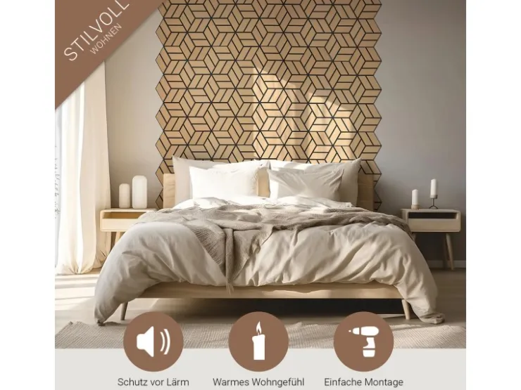Homestyle4u Akustikpaneele Natur 30 x 26 cm 5 Stück Hexagon Wandpaneele Holz