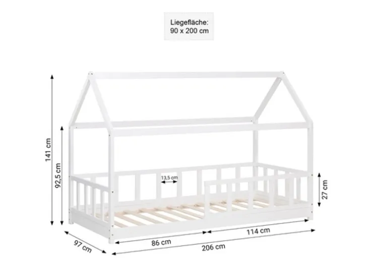 Homestyle4u Bodenbett 90x200 mit Lattenrost in Weiß 2385* Bettwäsche|Betten