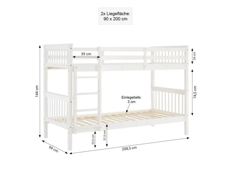 Homestyle4u Etagenbett für Kinder Hochbett Weiß 90x200 cm 2882* Betten